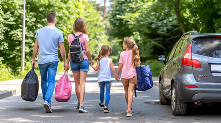 Family road trip adventure  packed bags, excitement, and blurred background with copy spaceの素材