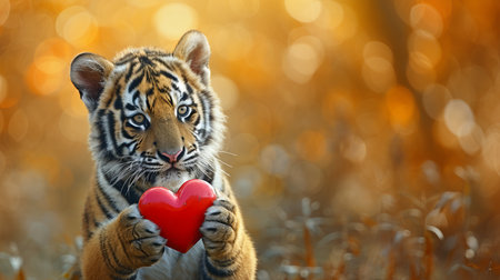 Tiger cub with heart shaped gift on magical background for valentine s day, copy space for text.の素材