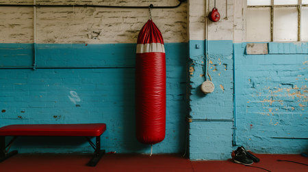 Red punching bag hanging in the gym with copy space on the wall for text or advertising placementの素材
