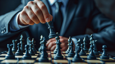 Businessman in suit moving chess piece on chessboardbusiness strategy and planning conceptの素材