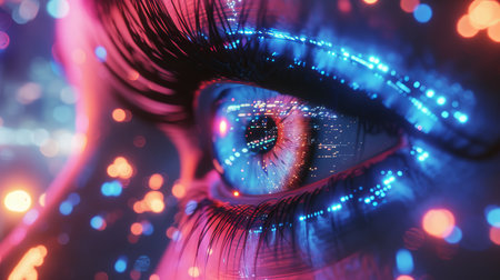 Futuristic robot eye technology with blue and orange digital iris, glowing with mesmerizing sparklesの素材