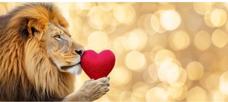 Lion presenting heart shaped gift, magical background, valentine s day concept with text spaceの素材