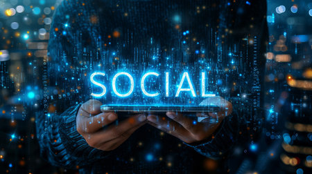 Interactive holographic shining text icon  social  floating over mobile phone in handsの素材