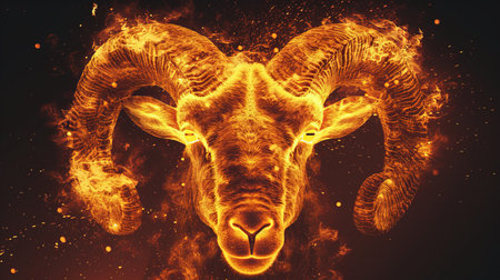 Aries zodiac sign  independent, passionate with a charging ram, vitality sparks, and determinationの素材
