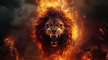 Proud and energetic leo  fiery lion with radiant strength and passionate elementsの素材