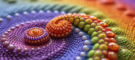 Close up of intricate handwoven tapestry with vibrant patterns and bright lightingの素材