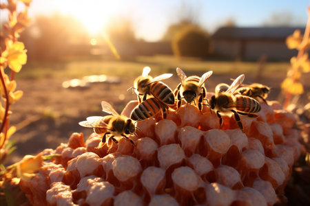 Close up of vibrant beehive and buzzing bees in warm sunlight, capturing intricate details.の素材