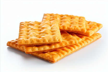 Assorted crispy crackers and snacks isolated on a clean white background for food and snack concept.の素材