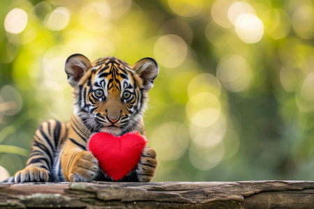 Tiger cub with heart shaped gift, valentine s day animals on blurred background with text spaceの素材