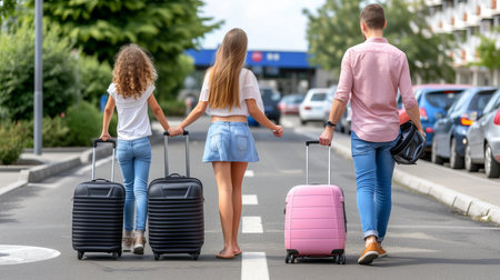 Excited family preparing for road trip, packing bags, blurred background, copy space for textの素材