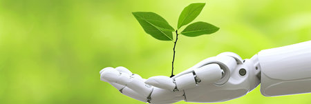 Robotic hand holds young plant in spring forest   sustainable agriculture and ai conceptの素材