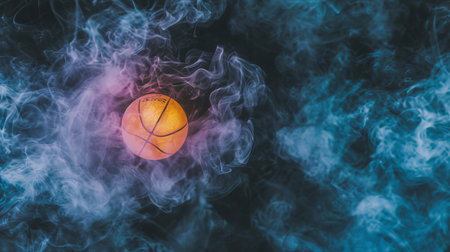 Dynamic basketball ball emerging with vibrant, colorful smoke on isolated black backgroundの素材