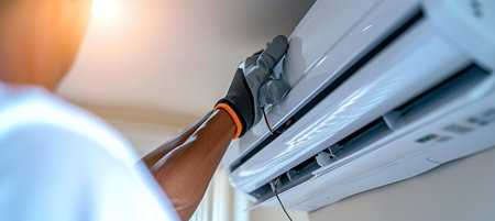 Air conditioning technician changing filters in home split system with text spaceの素材