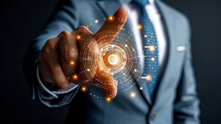 Futuristic holographic security icons in large scale display with a shining, interactive touchの素材