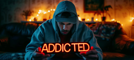 Interactive holographic  addicted  shining text icon overlay on mobile phone in handsの素材