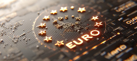 Glowing and mesmerizing holographic euro icon suspended in the air for interactive experiencesの素材