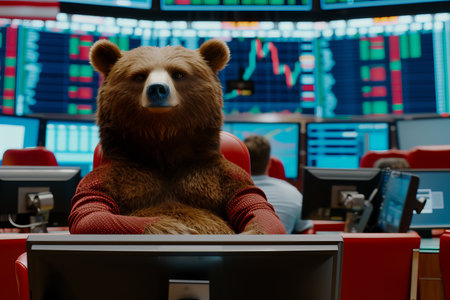 Anamorphic bear in red cherry suit sitting with stock graphics, bear market conceptの素材