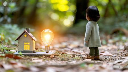 Eco friendly small house model with light bulb   real estate idea concept and green electricityの素材