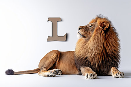 Lion head shaped letter  l  isolated on a white background, animal alphabet conceptの素材