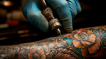 Exquisite tattoo design being meticulously applied to the woman s lower leg by a skilled artistの素材