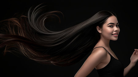 Glamorous model with black hair, fashion shot, hair care and beauty products, text space availableの素材
