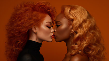 Two stunning young women engaged in an intimate kiss, two girls gazing at each otherの素材