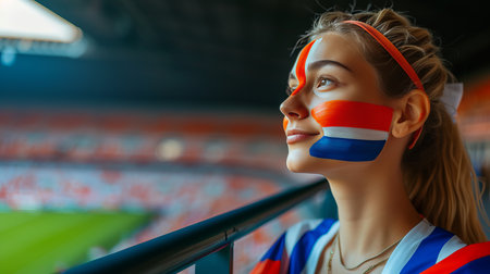 Dutch woman with netherlands flag face paint cheering at sports event with stadium backgroundの素材