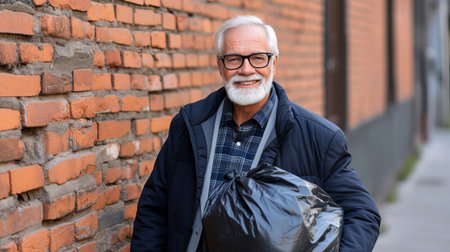Senior man cheerfully taking out a garbage bag from the trash can at his home, enjoying the task.の素材