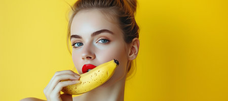Beautiful model woman with red lips and yellow banana, close up with copy space for text placement.の素材