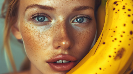 Close up shot of a stunning model with vibrant red lips taking a bite from a yellow bananaの素材