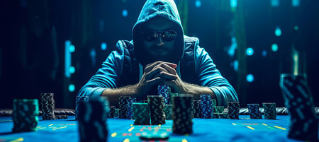 Hooded poker player at casino tournament, gambling with cards and chips at night with copy spaceの素材