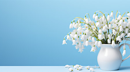 Beautiful white snowdrops in basket on light blue spring background with copy spaceの素材