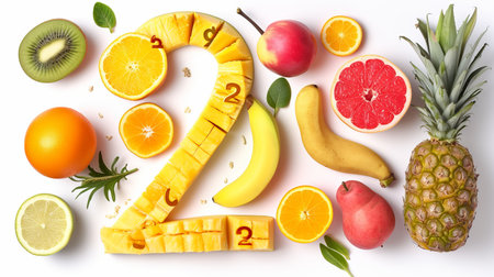 Number two from fresh fruits and vegetables in minimalistic flatlay style on white backgroundの素材