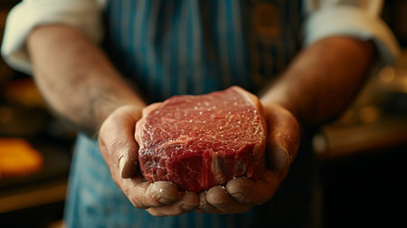 Professional butcher holding a juicy and tender raw beef steak in hands, close up shotの素材