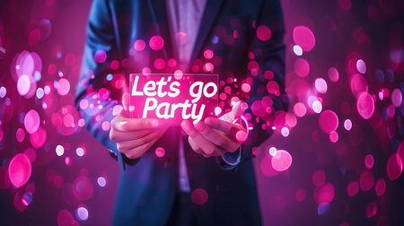 Happy man holding  let s go party  sign with blurred city background   perfect for party concept.の素材