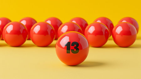 Close up of red lottery balls on pastel background, with focus on ball showing the lucky number 13の素材