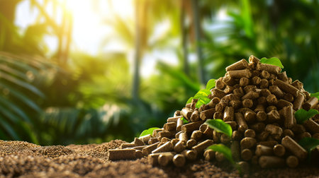 Biomass wood pellets pile and woodpile on blurred background with copy space for textの素材