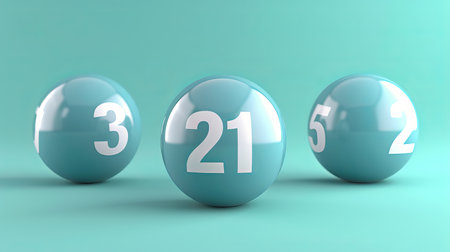 Close up of blue lottery balls on pastel background with focus on lucky number 21の素材