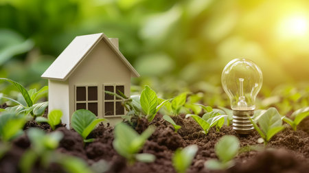 Eco friendly house model with light bulb on ground for real estate and green electricity conceptの素材