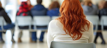 Sad woman at mental health and addiction support group meeting in community space with copy spaceの素材