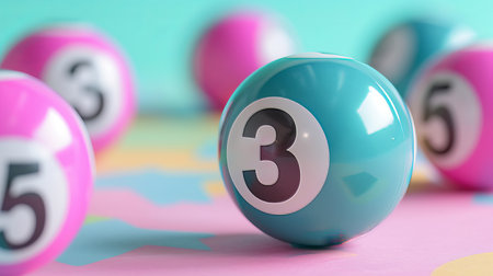 Close up of blue lottery balls on pastel background with focus on lucky number 3の素材