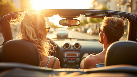 Young couple driving a convertible car on city street, summer vacation and travel conceptの素材