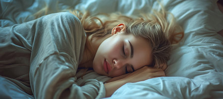 Top view of woman sleeping on bed in bedroom at night, soft lighting with copy spaceの素材