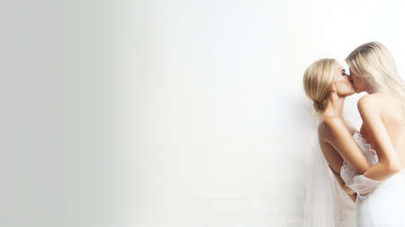 Two women kissing in bright studio shot with two thirds copy space for advertising text placementの素材