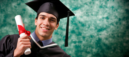 Happy graduate clutching diploma against green studio background with copy spaceの素材