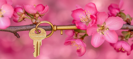 House key hanging from blossoming tree branch in spring garden with blurred private home backgroundの素材