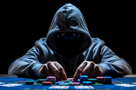 Professional poker player in hoodie and sunglasses playing tournament at casino tableの素材