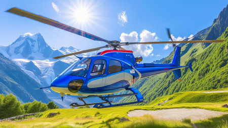 Urgent rescue helicopter mission conveying heroism in bright snowy mountains on a sunny dayの素材