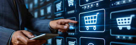 Global e commerce network connection  secure business transactions and holographic innovationsの素材