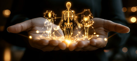 Interactive holographic human body icon with shining effects and copy space for text placementの素材